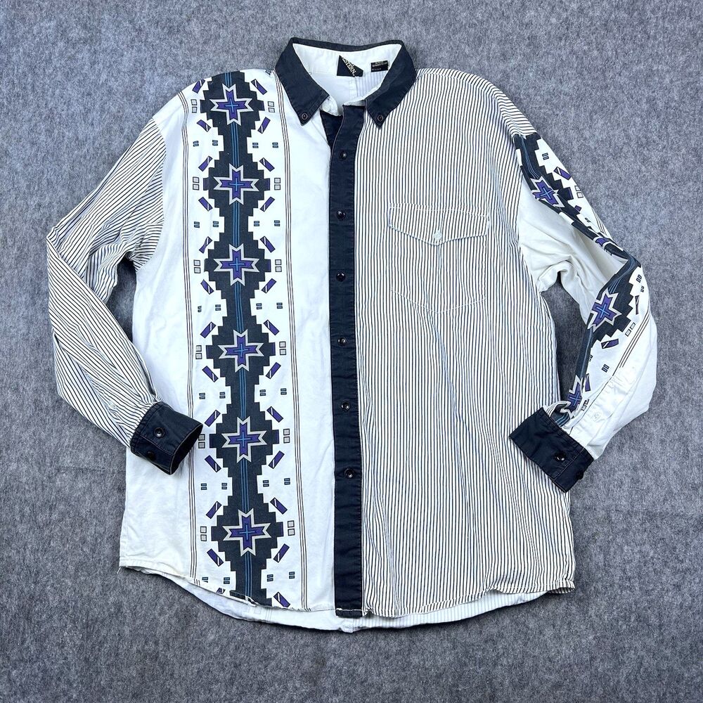 Vtg Just Western Men's Button Down Shirt Aztec White Black Purple Teal 90s Sz XL